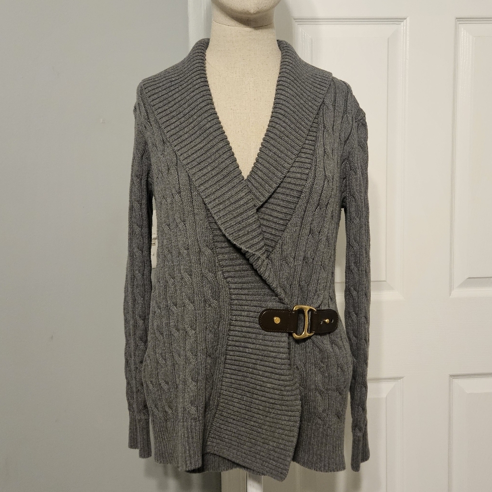 Ralph Lauren Charcoal Cable Knit Cardigan with Buckle